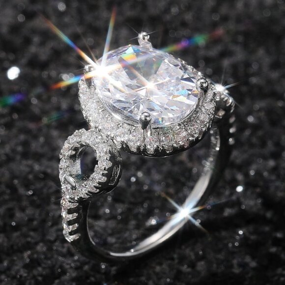 🌸Beautiful Hollow Oval Pure Zircon Cubic Carved Macro Pave Silver Rings, K812 - Picture 1 of 5